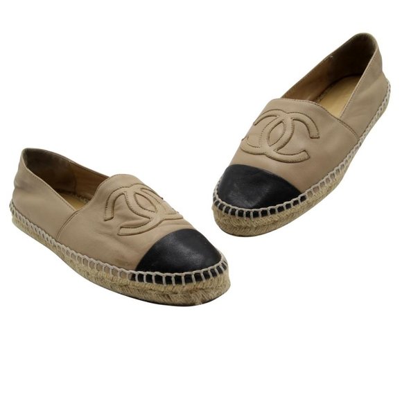 CHANEL Shoes - Chanel Beige Cap Toe Embroidered Espadrilles Flats